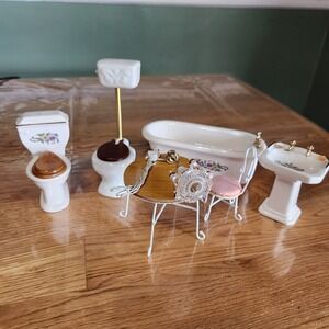 Vintage Miniature Doll Bathroom Set Tub Toilets Sinks Table Chair Chandelier